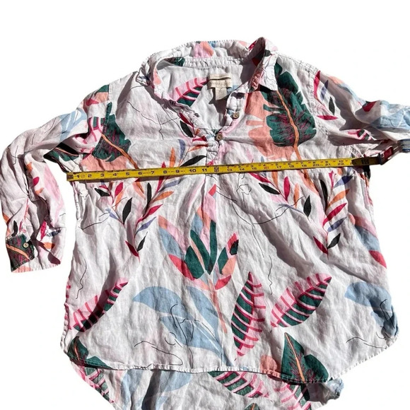 Cynthia Rowley 100% Linen Tunic Top Tropical Botanical Slub Roll Tab Popover L - Picture 4 of 7